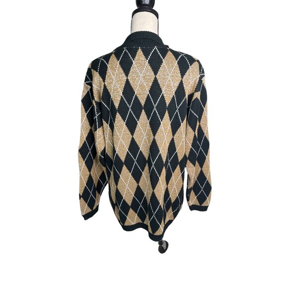 Alfred Dunner Argyle Sweater Black Gold White Shimmer Collar Acrylic Size Large - Picture 3 of 5